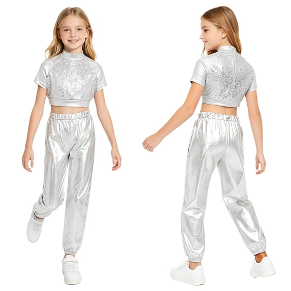 Aislor Girls Jazz Dance Outfit Mock Neck Short Sleeve Sequins Metallic Back Invisible Zipper Crop Top with Pants Silver 16