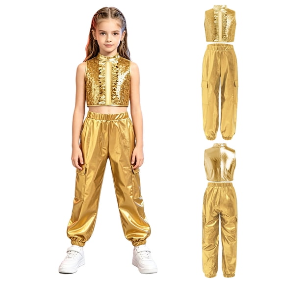 Aislor Girls Jazz Hip Hop Dance Outfit Sleeveless Sequin Ruffles Crop Top with Pants Streetwear Gold 14