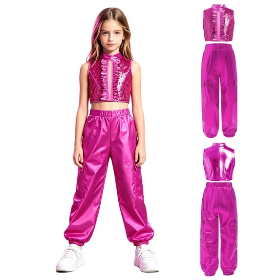 Aislor Girls Jazz Hip Hop Dance Outfit Sleeveless Sequin Ruffles Crop Top with Pants Streetwear Hot Pink 10