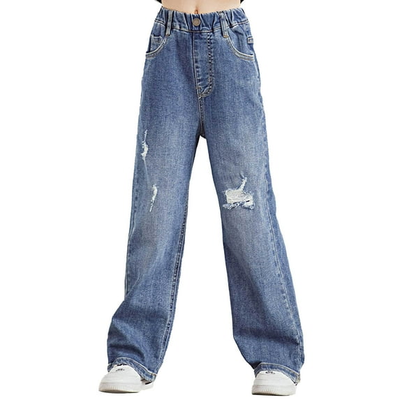 Aislor Girls Kids Casual Loose Fit Ripped Denim Pants Wide Leg Distressed Jeans Trousers