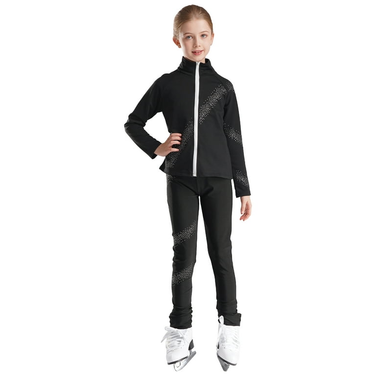 Aislor Girls Kids Ice Skating Suit Figure Skating Jacket Outerwear with Practice Leggings Ice Skating Pants Training Costume, Girl's, Size: 12, Black