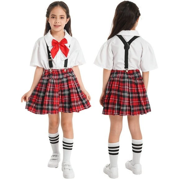 Aislor Girls' Kids Japanese Anime School Uniform British Style Costume Coat with Shirt Tie Mini Plaid Skirt Set Size 5-14 White 10