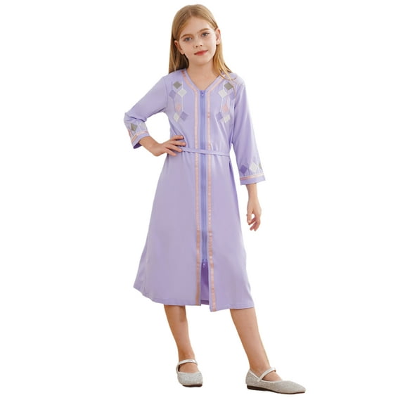 Aislor Girls Kids Muslim Islamic Abaya Long Sleeve Zipper Gown Middle East Girls Maxi Dress Purple 110