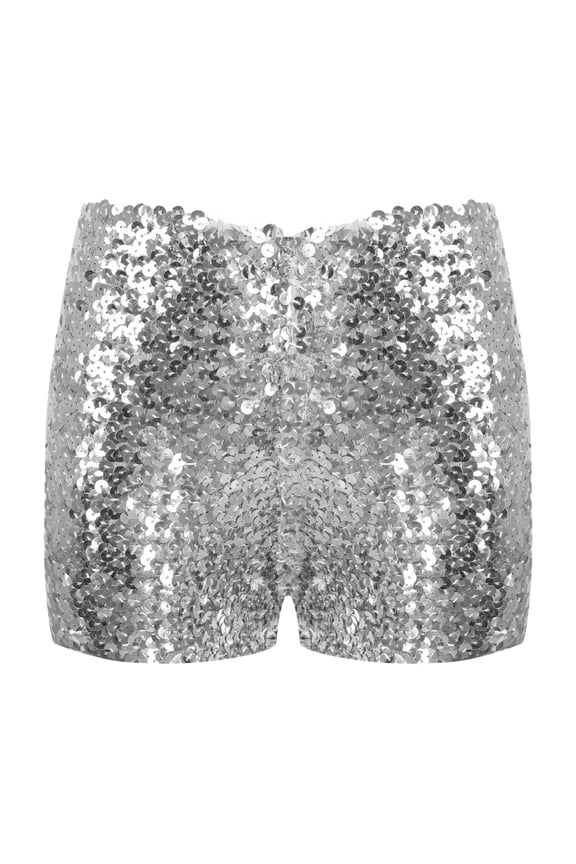 Girls Kids Sequin Jazz Hip Hop Dance Shorts Active Sport Activewear Dance Stage Short Pants 3-8 Silver 5-6