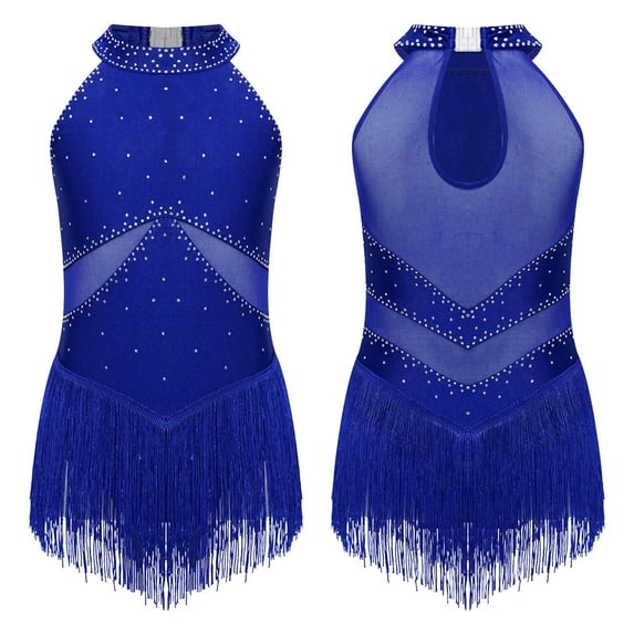 Aislor Girls Kids Sparkle Rhinestone Sleeveless Fringe Tassel Latin Dance Dress Performance A Blue 6
