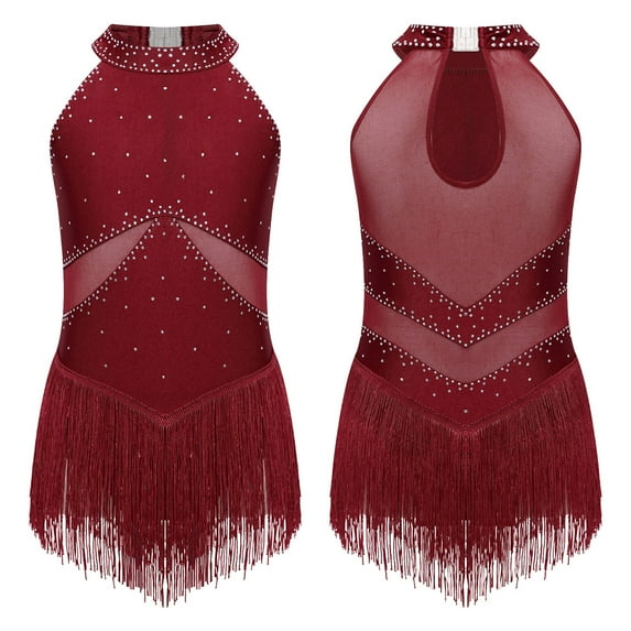 Aislor Girls Kids Sparkle Rhinestone Sleeveless Fringe Tassel Latin Dance Dress Performance Burgundy 14