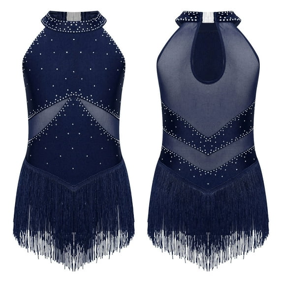 Aislor Girls Kids Sparkle Rhinestone Sleeveless Fringe Tassel Latin Dance Dress Performance Navy Blue 16