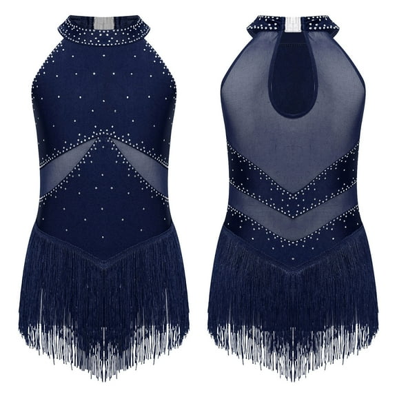 Aislor Girls Kids Sparkle Rhinestone Sleeveless Fringe Tassel Latin Dance Dress Performance Navy Blue 8