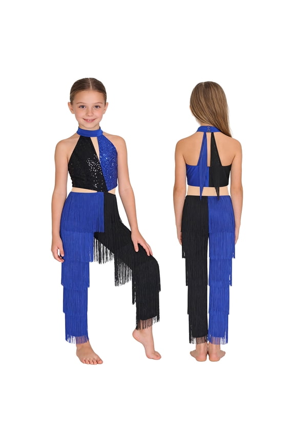 Girls Latin Dance Performance Bodysuit Shiny Sequin Tassel Jumpsuit Dancewear Blue 6