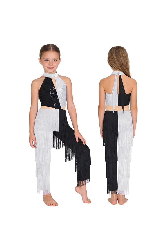Girls Latin Dance Performance Bodysuit Shiny Sequin Tassel Jumpsuit Dancewear White 6