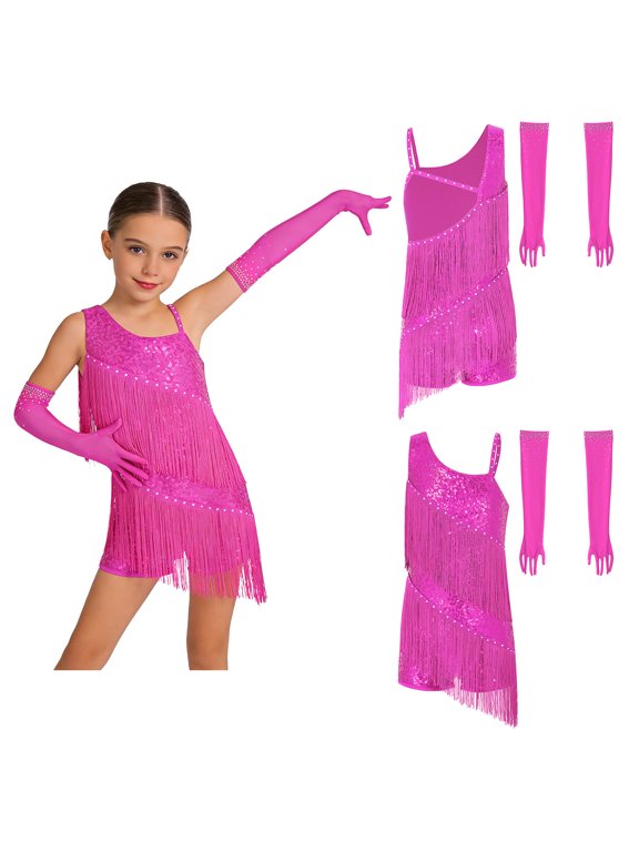 Girls Latin Dance Dress Sequin Fringe Bodysuit Tassel Ballroom Samba Tango Dance Outfit with Gloves Hot Pink 6