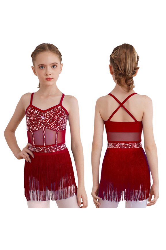 Girls Latin Dance Sleeveless Straps Rhinestones Tassel Jazz Cha Cha Dance Leotard Dress Burgundy 6