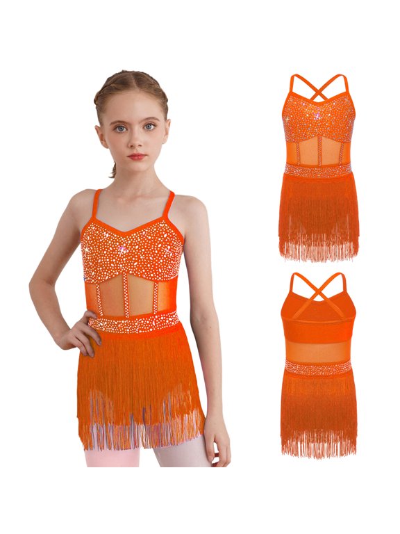 Girls Latin Dance Sleeveless Straps Rhinestones Tassel Jazz Cha Cha Leotard Dress Dancewear Fluorescent Orange 10