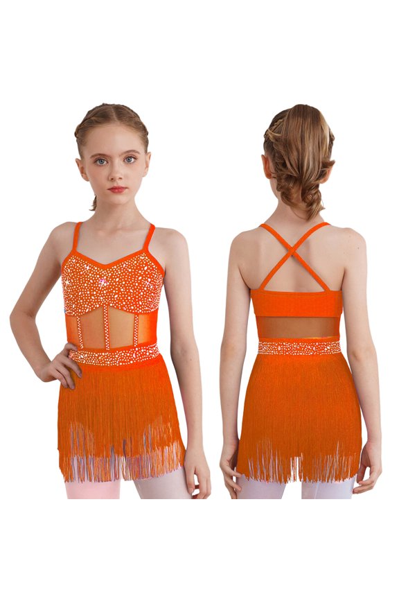 Girls Latin Dance Sleeveless Straps Rhinestones Tassel Jazz Cha Cha Dance Leotard Dress Fluorescent Orange 6