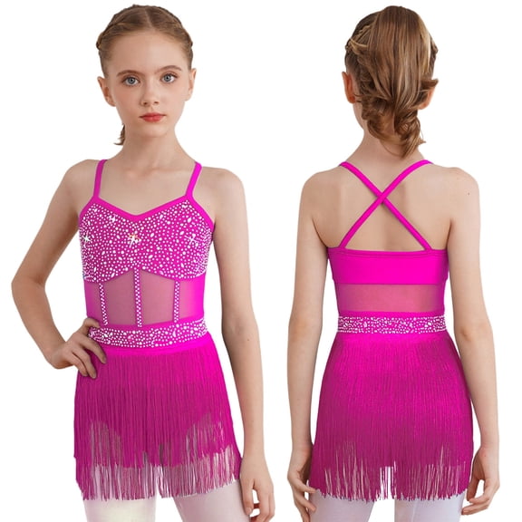 Aislor Girls Latin Dance Sleeveless Straps Rhinestones Tassel Jazz Cha Cha Leotard Dress Dancewear Hot Pink 6