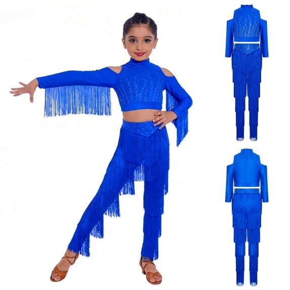 Aislor Girls Latin Jazz Modern Salsa Ballroom Dance Outfits Tassel Crop Tops with Fringe Pants Set Dancewear Royal Blue 8