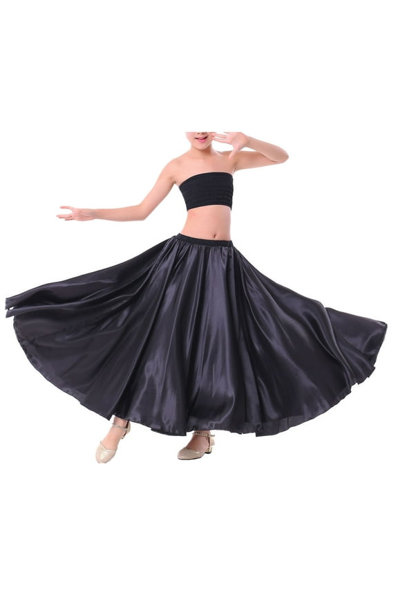 Girls Long Full Circle Dance Gypsy Latin Spanish Flamenco Skirt Ballroom Belly Dance Performance Black 11-12