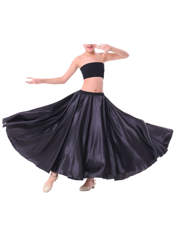 Girls Long Full Circle Dance Gypsy Latin Spanish Flamenco Skirt Ballroom Belly Dance Performance Black 7-8