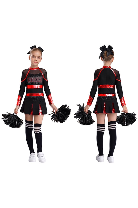 Girls Long Sleeve Cheerleading Uniform Cheer Leader Dance Dress with Headwear Pom Pom Socks Red&Black 6