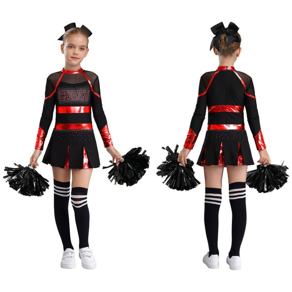 Aislor Girls Long Sleeve Cheerleading Uniform Cheer Leader Dance Dress with Headwear Pom Pom Socks Red&Black 8