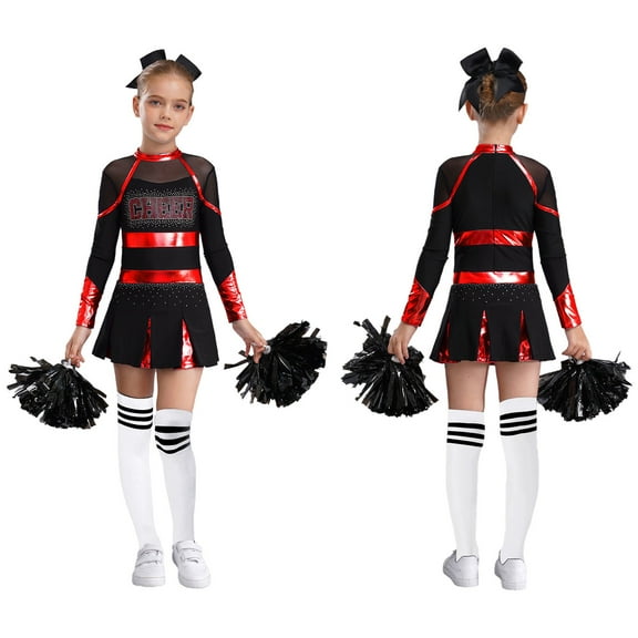 Aislor Girls Long Sleeve Cheerleading Uniform Cheer Leader Dance Dress with Headwear Pom Pom Socks Red&White 10