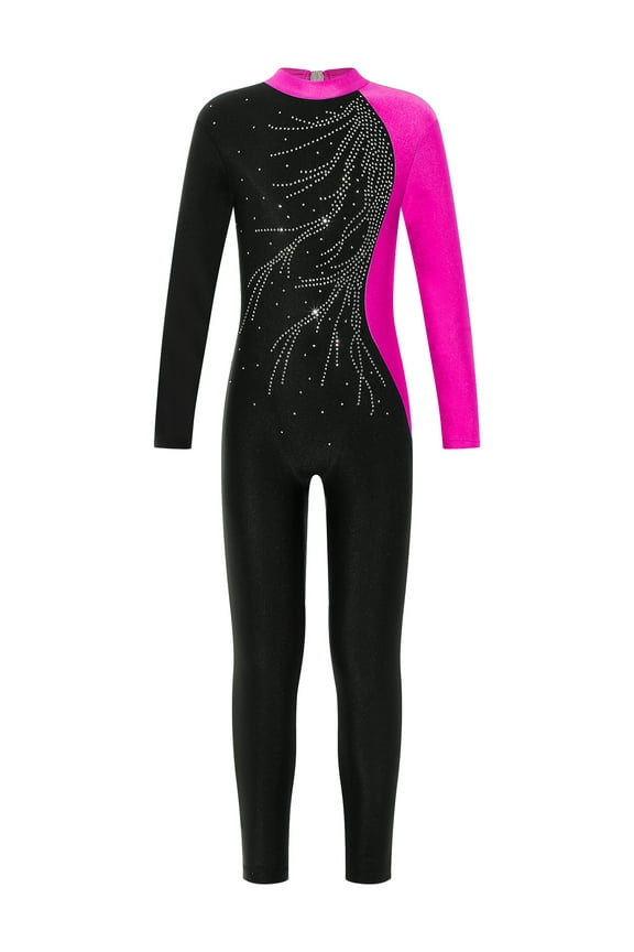 Girls Long Sleeve Full Body Unitard Gymnastics Leotard Rhinestone Ballet Dance Jumpsuit 4-16
