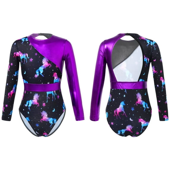 Aislor Girls Long Sleeve One-piece Swimsuit Cutout Backless Ballet Dance Gymnastic Leotard Bodysuit Size 4-14 A Purple 6