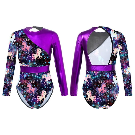 Aislor Girls Long Sleeve One-piece Swimsuit Cutout Backless Ballet Dance Gymnastic Leotard Bodysuit Size 4-14 Black&Rainbow 10