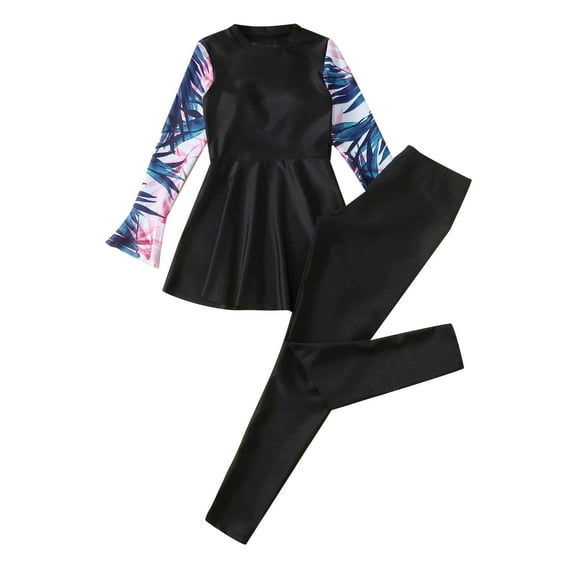 Aislor Girls Long Sleeve Swim Dress Pant Set Two Piece Swimsuit Rashguard Set Floral Swimwear A Black 11-12