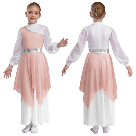 Aislor Girls Long Sleeve Worship Praise Dance Tunic Liturgical Church Robe Irregular Hem Dress Pink 6