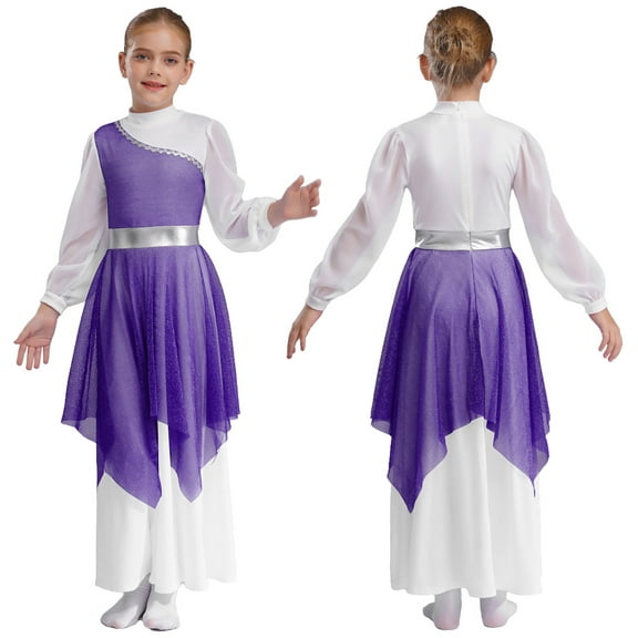 Aislor Girls Long Sleeve Worship Praise Dance Tunic Liturgical Church Robe Irregular Hem Dress Purple 14