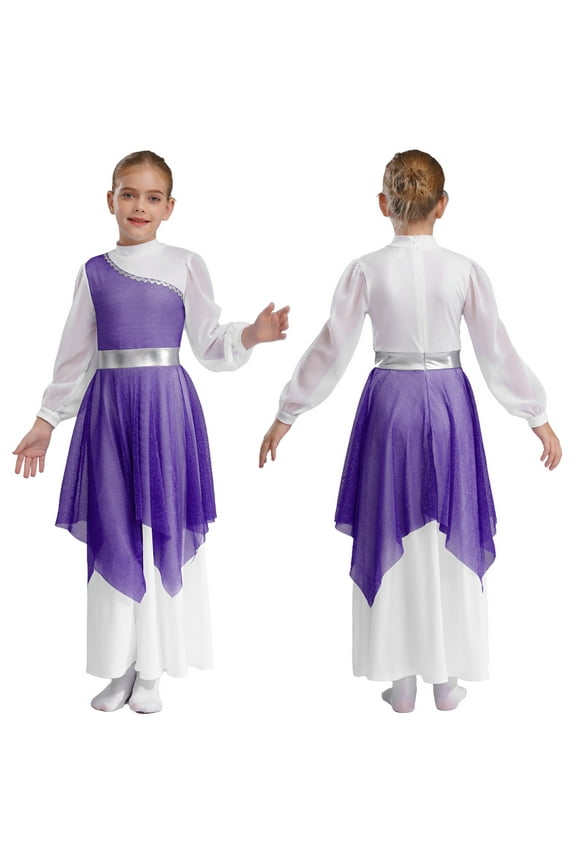 Girls Long Sleeve Worship Praise Dance Tunic Liturgical Church Robe Irregular Hem Dress Purple 14