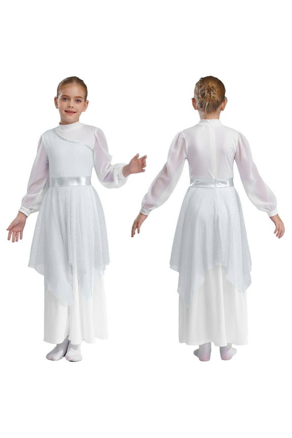 Girls Long Sleeve Worship Praise Dance Tunic Liturgical Church Robe Irregular Hem Dress Silver 16