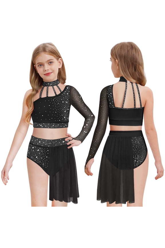 Girls Lyrical Costume Two Pieces Dance Outfit Ballet Gymnastics Leotard Sequin Dancewear Black 6