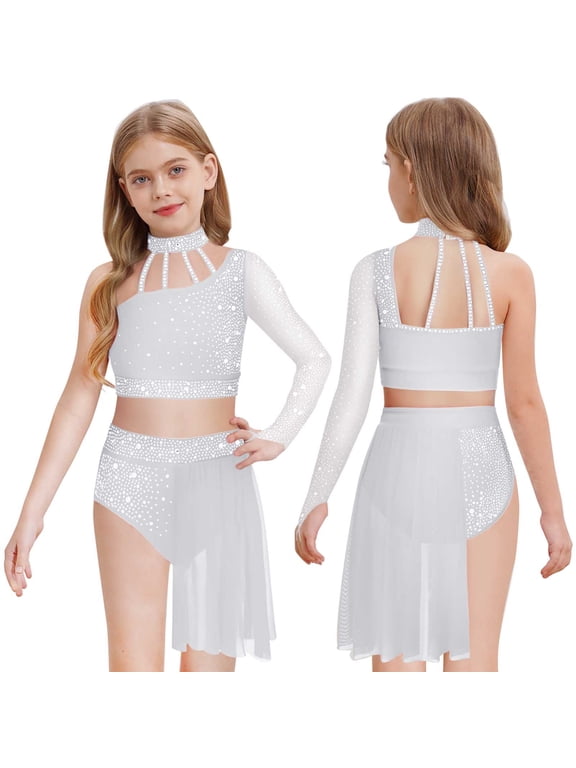 Girls Lyrical Costume Two Pieces Dance Outfit Ballet Gymnastics Leotard Sequin Dancewear White 10