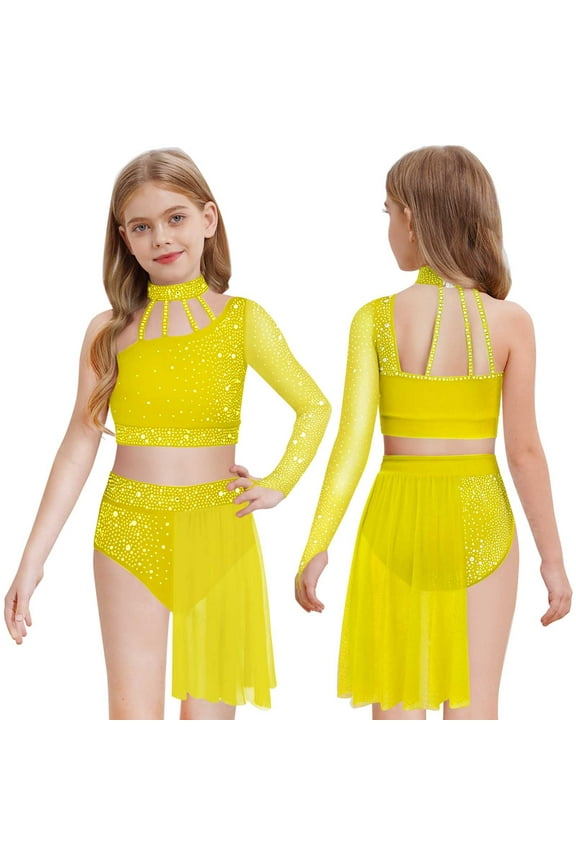 Girls Lyrical Costume Two Pieces Dance Outfit Ballet Gymnastics Leotard Sequin Dancewear Yellow 6