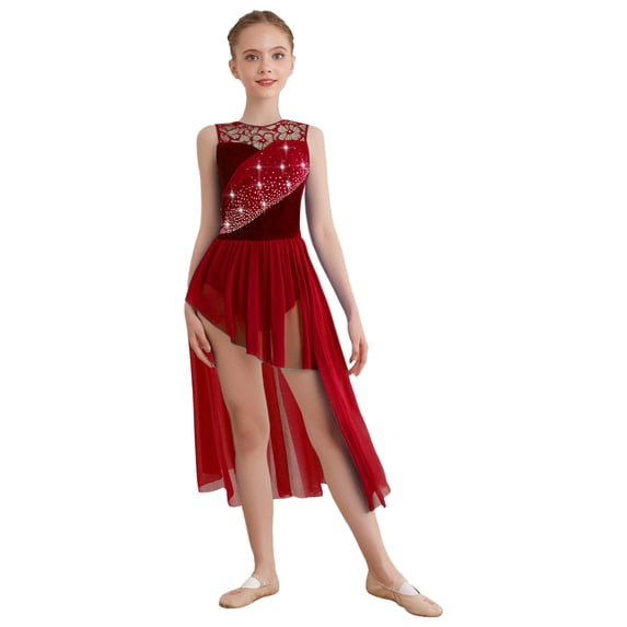 Aislor Girls Lyrical Dance Dress Lace Patchwork Sparkly Rhinestone Asymmetrical Hem Ballet Leotard Dancewear Burgundy 14