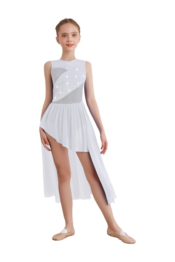 Girls Lyrical Dance Dress Lace Patchwork Sparkly Rhinestone Asymmetrical Hem Ballet Leotard Dancewear Ivory 8