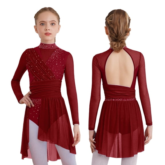 Aislor Girls Lyrical Dance Dress Shiny Rhinestone Long Sleeve Ballet Skirted Leotard Contemporary Dancewear Burgundy 6