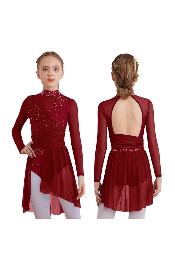 Girls Lyrical Dance Dress Shiny Rhinestone Long Sleeve Ballet Skirted Leotard Contemporary Dancewear Burgundy 8
