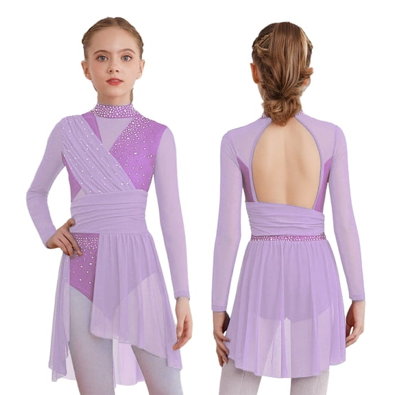Aislor Girls Lyrical Dance Dress Shiny Rhinestone Long Sleeve Ballet Skirted Leotard Contemporary Dancewear Lavender 6