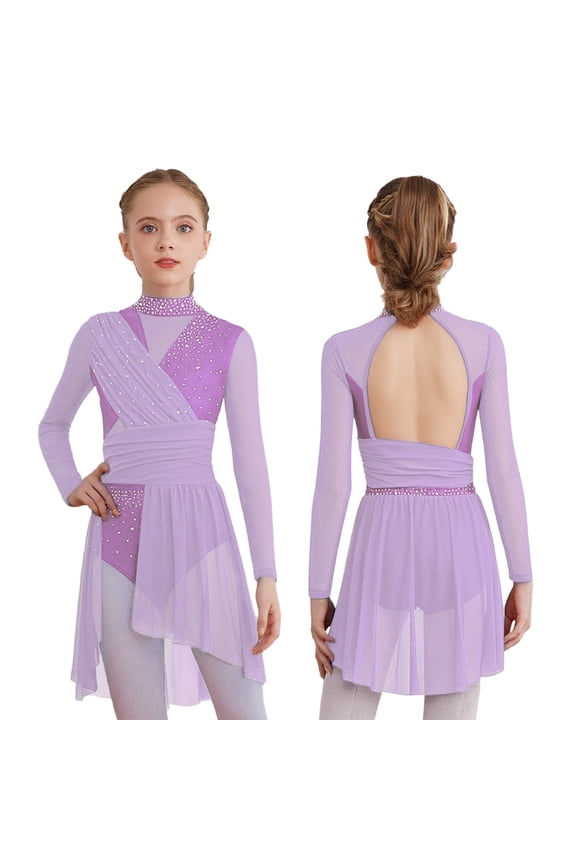 Girls Lyrical Dance Dress Shiny Rhinestone Long Sleeve Ballet Skirted Leotard Contemporary Dancewear Lavender 6