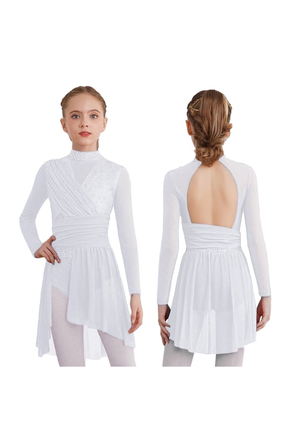 Girls Lyrical Dance Dress Shiny Rhinestone Long Sleeve Ballet Skirted Leotard Contemporary Dancewear White 8