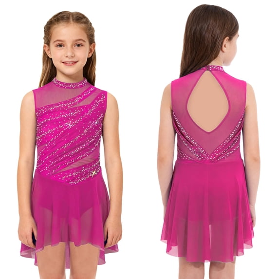 Aislor Girls Lyrical Dance Mock Neck Ruched Ballet Skirted Leotard Ballerina Ice Skating Dress Hot Pink 10