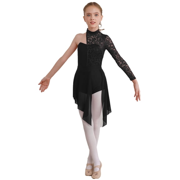 Aislor Girls Lyrical Modern Contemporary Asymmetric Lace Ballet Skirted Leotard Figure Skating Dance Dress Black 14