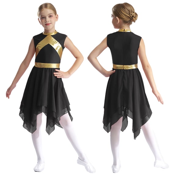 Aislor Girls Lyrical Praise Dance Worship Metallic Sleeveless Asymmetrical Tunic Dress Black 16