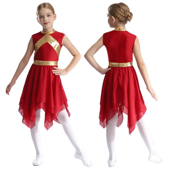 Aislor Girls Lyrical Praise Dance Worship Metallic Sleeveless Asymmetrical Tunic Dress Burgundy 8