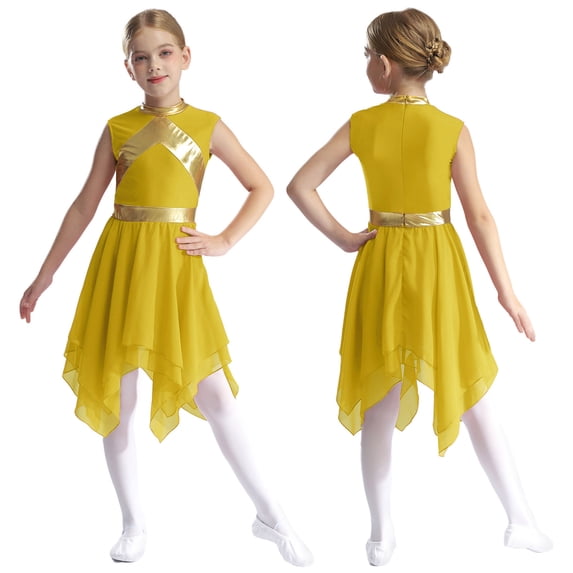 Aislor Girls Lyrical Praise Dance Worship Metallic Sleeveless Asymmetrical Tunic Dress Yellow 12