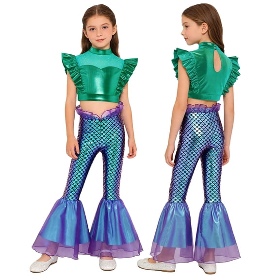 Aislor Girls Mermaid Two Piece Outfit Iridescent Cap Sleeve Crop Top with Flared Fishtail Bottoms Green Purple B 8