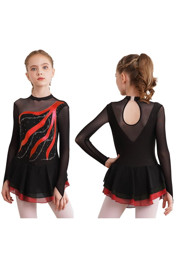 Girls Mesh Splice Figure Ice Skating Long Sleeves Ballet Dance Gymnastics Leotards Tutu Dress Size 6-16 Red 8